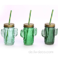 Glas Cactus Mason Jar mit Deckel und Stroh